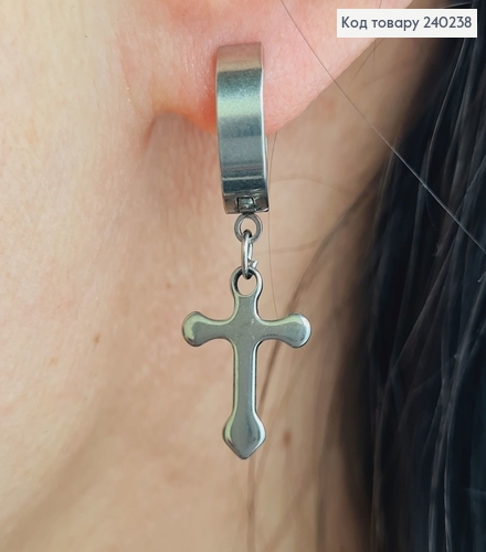 СЕРЬГА кольцо 1,2см Крестик серебряного цвета  1,5*1,1см, Stainless Steel  260004 фото 1