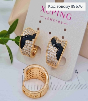 Серьги кольца широкие с блестящими камешками и черной эмалью, диаметр 1,6см, Xuping 18К. 119676 фото