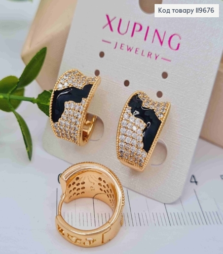 Серьги кольца широкие с блестящими камешками и черной эмалью, диаметр 1,6см, Xuping 18К. 119676 фото 1