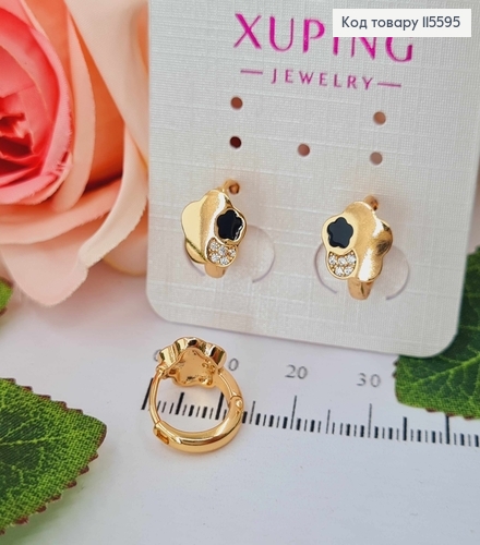 Серьги, кольца 1,5 см. "Весенние" с камнями и черной вставкой, Xuping 18K 115595 фото 1