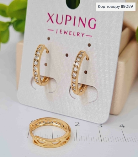 Серьги кольца украшены Блестящими камешками, ширина 3мм, диаметр 1,7см, Xuping 18K 119089 фото 2