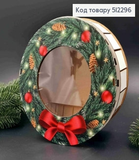 Подарочная деревянная коробка "Новогодний Венчик", Круглая 20см, высота 6см. 512296 фото