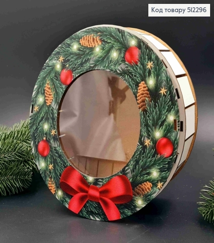 Подарункова дерев'яна коробка "Новорічний Віночок", Кругла 20см, висота 6см 512296 фото 1