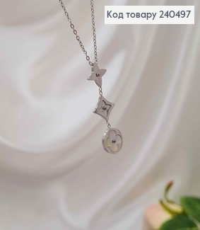 Ланцюжок, срібного кольору, з підвіскою "Van Cleef" з білою емалькою, 40+5см, сталь Stainless Steel 240497 фото