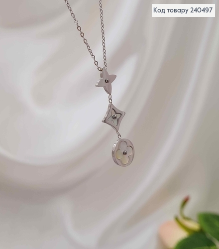 Ланцюжок, срібного кольору, з підвіскою "Van Cleef" з білою емалькою, 40+5см, сталь Stainless Steel 240497 фото 1