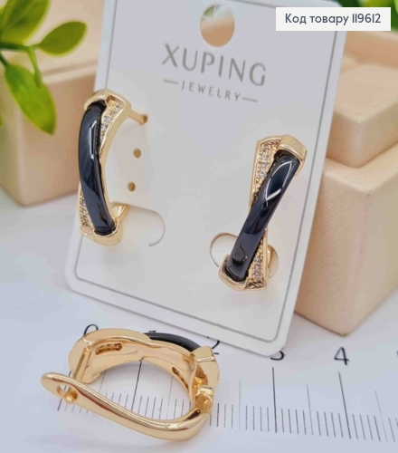 Серьги овальные с Блестящими камешками и Черной эмалью, длиной 1,9см, английская застежка, Xuping 18К. 119612 фото 2
