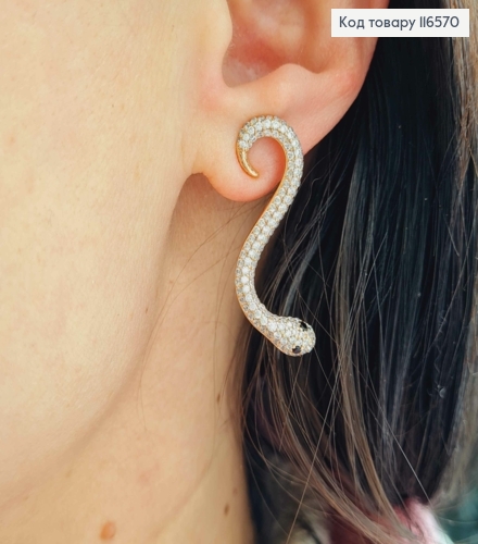 Сережки гвоздики, Змійки в камінцях з чорними очима, Xuping 18K 116570 фото 1