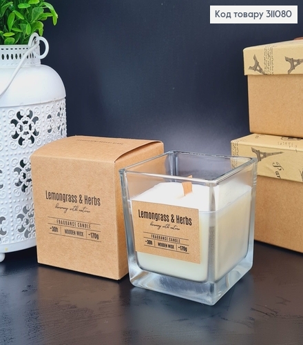 Аромасвечка стакан BISPOL Лимонграсс и травы с деревяным гнотом 170г/30часов, 80-000-350 311080 фото 1