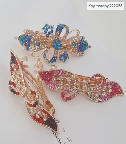¶Заколка автомат металл с цветными камнями 10 см в ассорт. (Бантик, бабочка, цветочек) 222058 фото 1