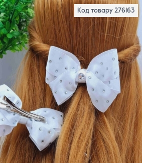 Бант БІЛОГО кольору зі стразами, на заколці 5,5, тканина атлас, розмір 10*6,5см, Україна 276163 фото