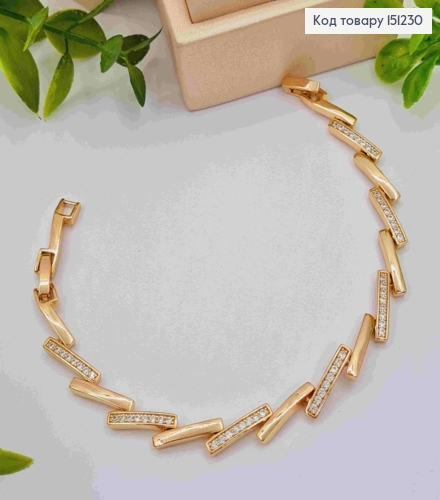 Браслет плетения прямоугольными пластинами с блестящими камешками, длина 17+2см, Xuping 18К. 151230 фото 1