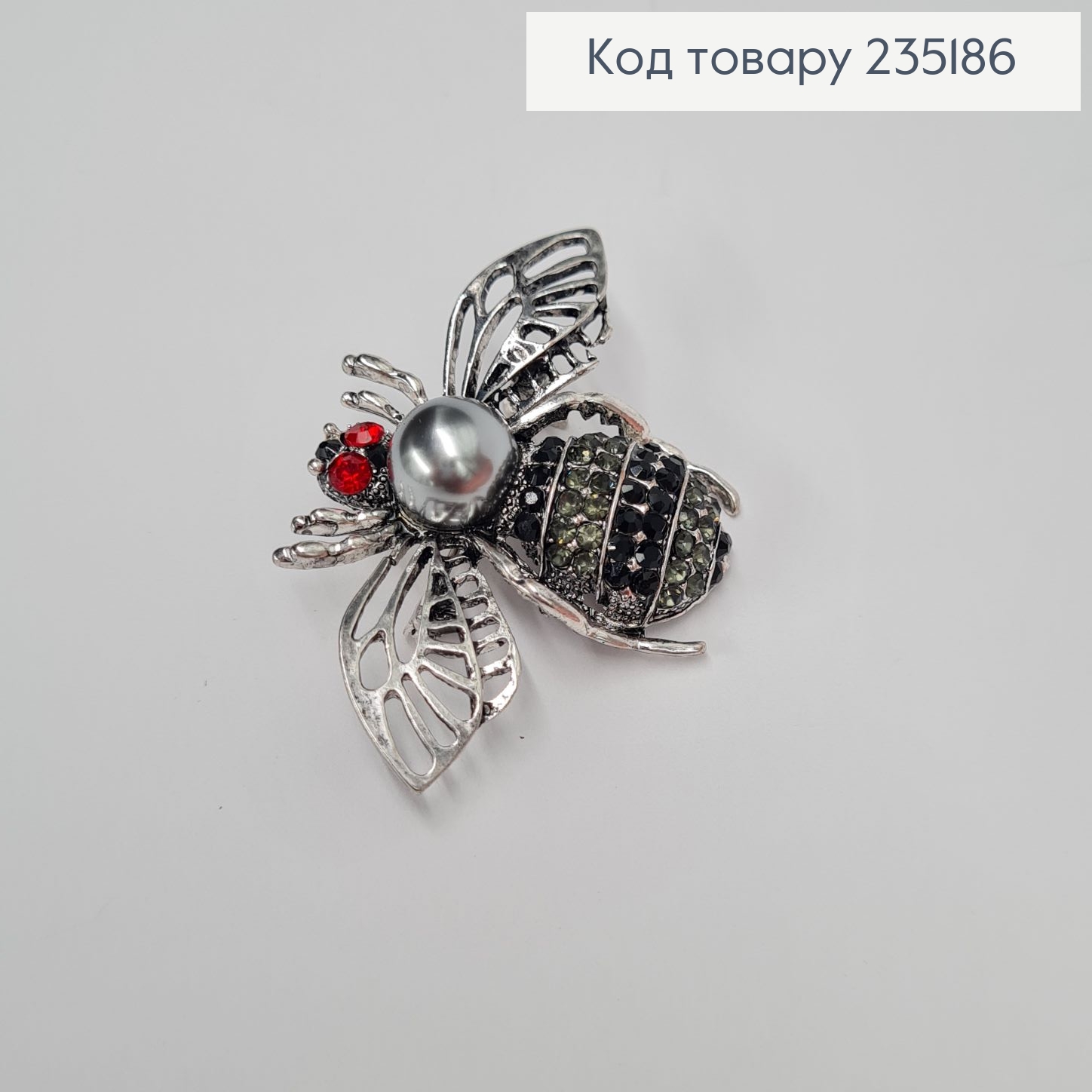 Брошка метал Муха серебро с чорными камушками 5х3,5см 235186 фото 2