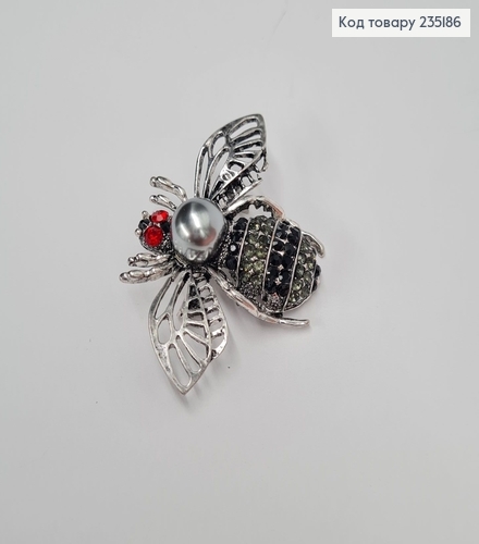 Брошка метал Муха серебро с чорными камушками 5х3,5см 235186 фото 2