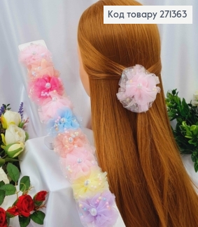 Набор детских заколок (10шт) ЦВЕТОК из фатина и бусинками, в диаметре 7см 271363 фото