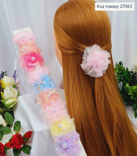 Набор детских заколок (10шт) ЦВЕТОК из фатина и бусинками, в диаметре 7см 271363 фото 1