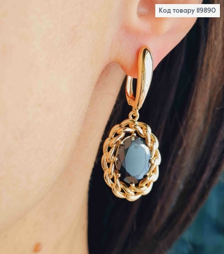 Серьги с черным подвесным камнем в оправе из цепочки, 1,8+2,4см, английская застежка, Xuping 18K 119890 фото 1