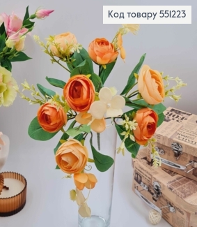 Композиция декоративная "ПЕРСИКОВОЕ камелия (7 головок) с белыми приложениями", высота 31см 551223 фото