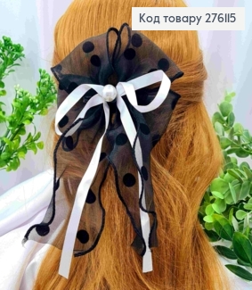 Бант ЧОРНО-БІЛОГО кольору з Бусиною, на заколці 7,5см, тканина органза+атлас, розмір 13*21см 276115 фото