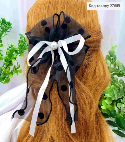 Бант ЧОРНО-БІЛОГО кольору з Бусиною, на заколці 7,5см, тканина органза+атлас, розмір 13*21см 276115 фото 1