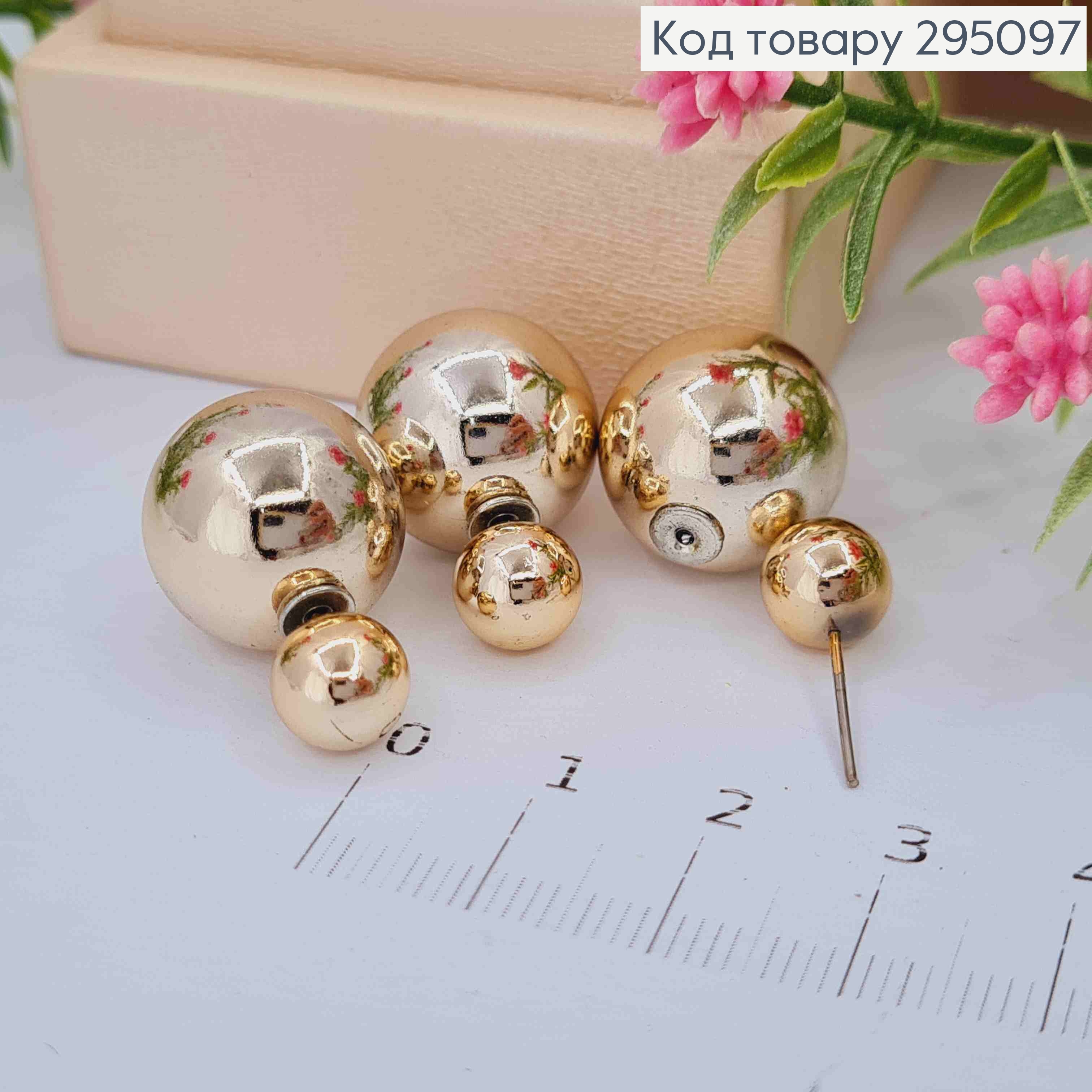 Серьги гвоздики с двумя шариками, цвета розовое золото, 0,8-1,5см. 295097 фото 2