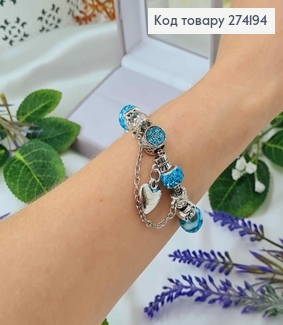Браслет под Пандору 18см серебряного цвета с бирюзовыми шармиками. 274194 фото