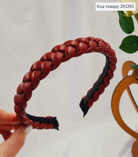 Обруч з екошкіри, плетений Косичка, БОРДОВОГО кольору, шир. 2см 292292 фото 1
