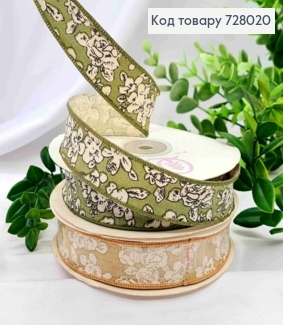 Лента-мешковина ГОРИЧНАЯ/ЗЕЛЕНАЯ с принтом ЦВЕТЫ, ширина 2,5см, длина 20 ярдов (18м) 728020 фото