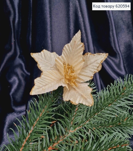 "Рождественник", Цветок Пуансетия ШАМПАНЬ+ЗОЛОТО,(малая), диам,12-13см на металл., дл.10см 620594 фото 1
