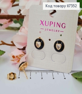 Серьги гвозди, Сердце на круглой Черной пластине 1см, Xuping 18K 117352 фото