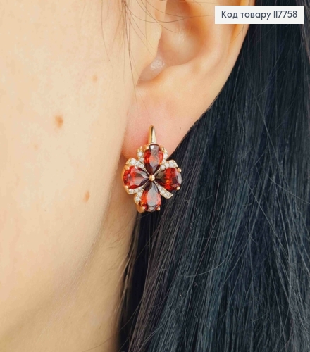 Сережки кільця, "Квітка Бажань" з Червоними камінцями, 2см, Xuping 18К 117758 фото 3