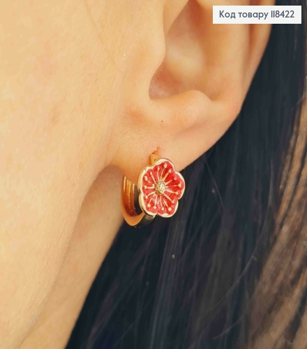 Серьги кольца "ЦВЕТОК" с Красной эмалью, диаметр 1,4см, Xuping 18К 118422 фото 2