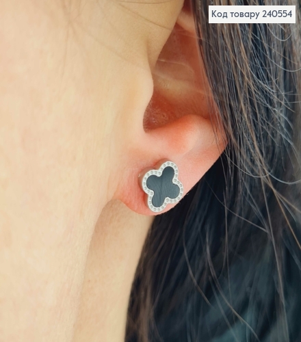 Серьги гвоздики серебряного цвета, с черной эмалью, "Van Cleef", 1см, сталь Stainless Steel 240554 фото 2