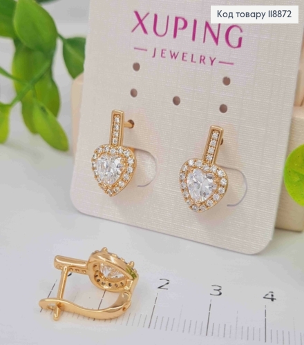 Серьги "Горячее Сердце" с Блестящим камнем в оправе из камней, 1,6см, английская застежка,  Xuping 18К 118872 фото 1