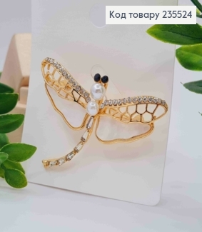 Брошь металл "СТРЕКОЗА" украшена Блестящими камешками и Перламутровой, 5,5*4см, Золотого цвета 235524 фото