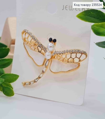 Брошь металл "СТРЕКОЗА" украшена Блестящими камешками и Перламутровой, 5,5*4см, Золотого цвета 235524 фото 1
