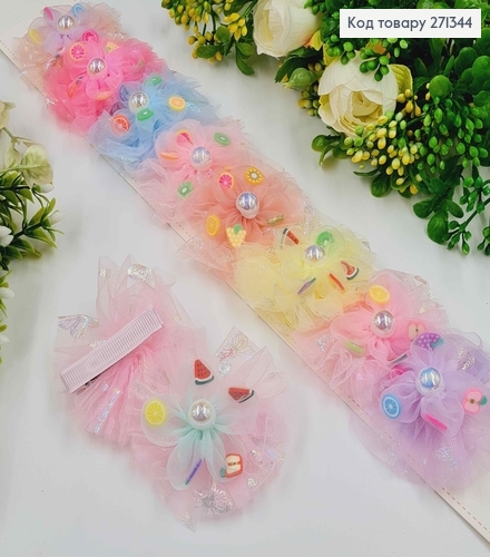 Набор детских заколок, клювик, с блестящим фатином и фруктами с жемчужиной, 10 шт/наб. 271344 фото 1