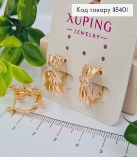 Сережки "Феєричний Бантик" з Блискучими камінцями, 1,6см, англійська застібка, Xuping 18К 118401 фото