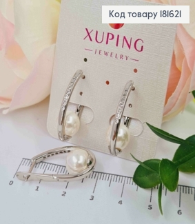 Серьги родованные Овальные украшены камешками с жемчужиной, длина 2,5см, англ застежка, XUPING 181621 фото