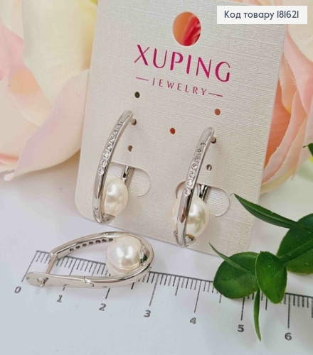 Серьги родованные Овальные украшены камешками с жемчужиной, длина 2,5см, англ застежка, XUPING 181621 фото 1
