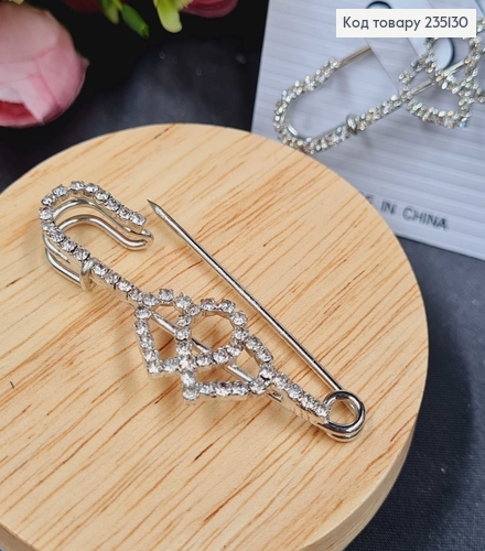 Брошка Шпилька "Два сердца" в камушках 5.5*2 см, серебряный цвет. 235130 фото 2