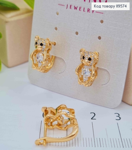 Серьги "Мишки" с Блестящим камнем в середине, 1,2см, английская застежка, Xuping 18К 119574 фото 1