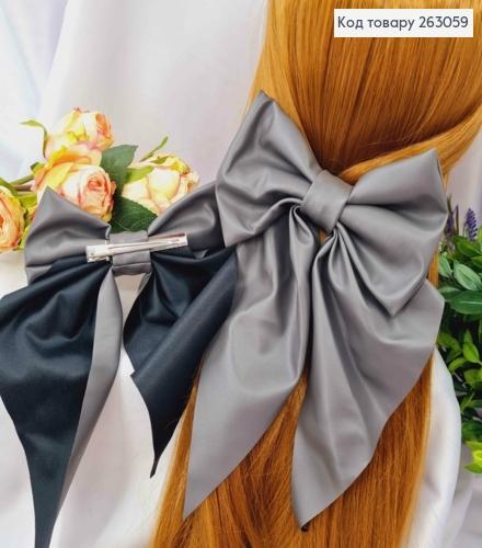 Бант из эко-кожи Серый, на заколке стрела, размер 14*25см, Украина. 263059 фото 1