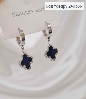 Серьги кольца, серебряного цвета, с черной эмалью, "Van Cleef", 1,6см, сталь Stainless Steel 240386 фото