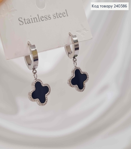 Серьги кольца, серебряного цвета, с черной эмалью, "Van Cleef", 1,6см, сталь Stainless Steel 240386 фото 1