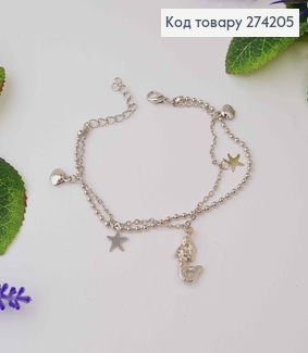 Браслет на ногу двойной серебряного цвета с русалкой, ракушками, звездочками 20+5см, Fashion ANKLET 274113 фото