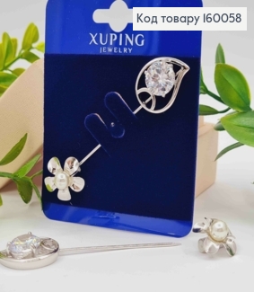 Брошка родована "Квітка з Листочком" з Блискучим каменем та Перлинкою,  6,5см, Xuping 160058 фото