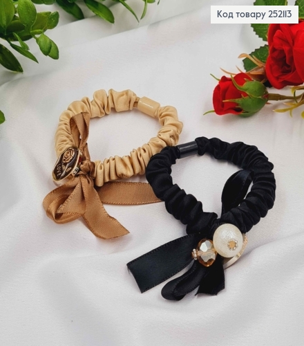 Резинка атласна жатка 6см з брошечкою та бусинками в асортименті. 252113 фото 1