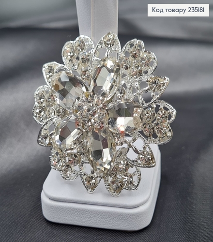 Брошка метал Цветок серебро с большими камушками 5,5х5,5см 235181 фото 1