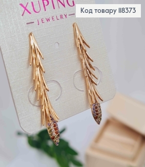 Серьги гвоздики Веточка с подвеской украшенной разноцветными камешками, 3,7см, Xuping 18К. 118373 фото