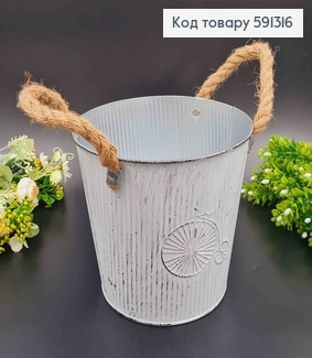 Відерце-кашпо, метал, білого кольору, з ручками з шпагата, висота 16см, Польща 591316 фото